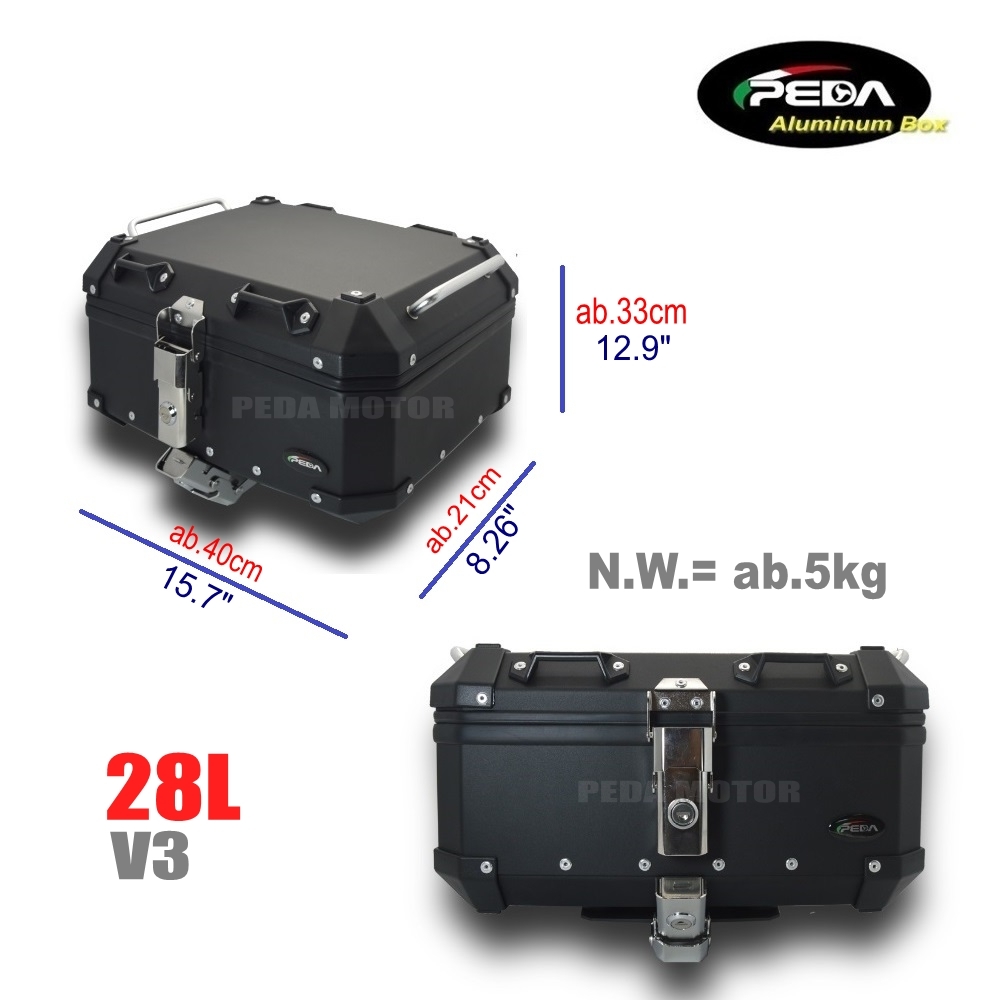 Diagram showing the 28L aluminum box dimensions