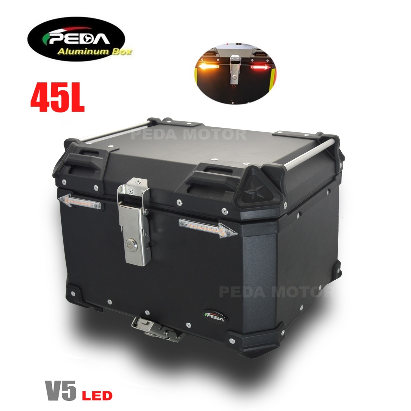 V5-2 Motorcycle Aluminum Box with LED Winker 45L Top Case Side Pannier Scooter Rear Trunk - Image 3
