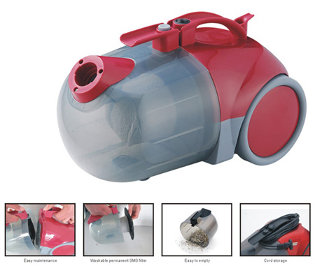 Compact Canister Vacuum Cleaner with Translucent Dust Container
