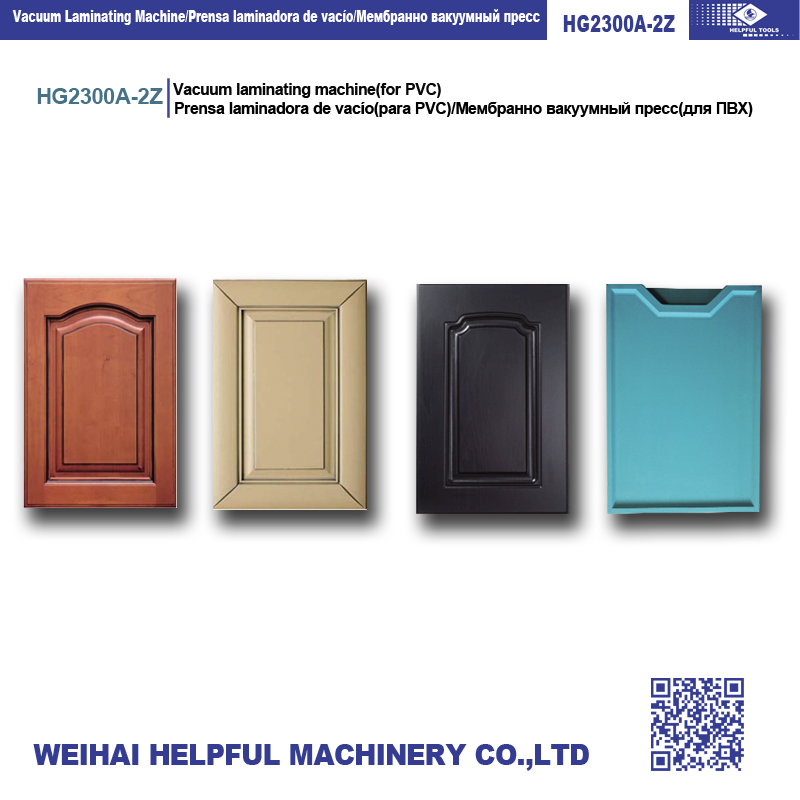 Vacuum laminating machine applying PVC film to cabinet doors