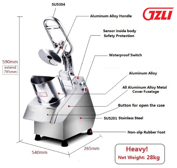 Detailed view of the vegetable cutter showing construction and safety elements