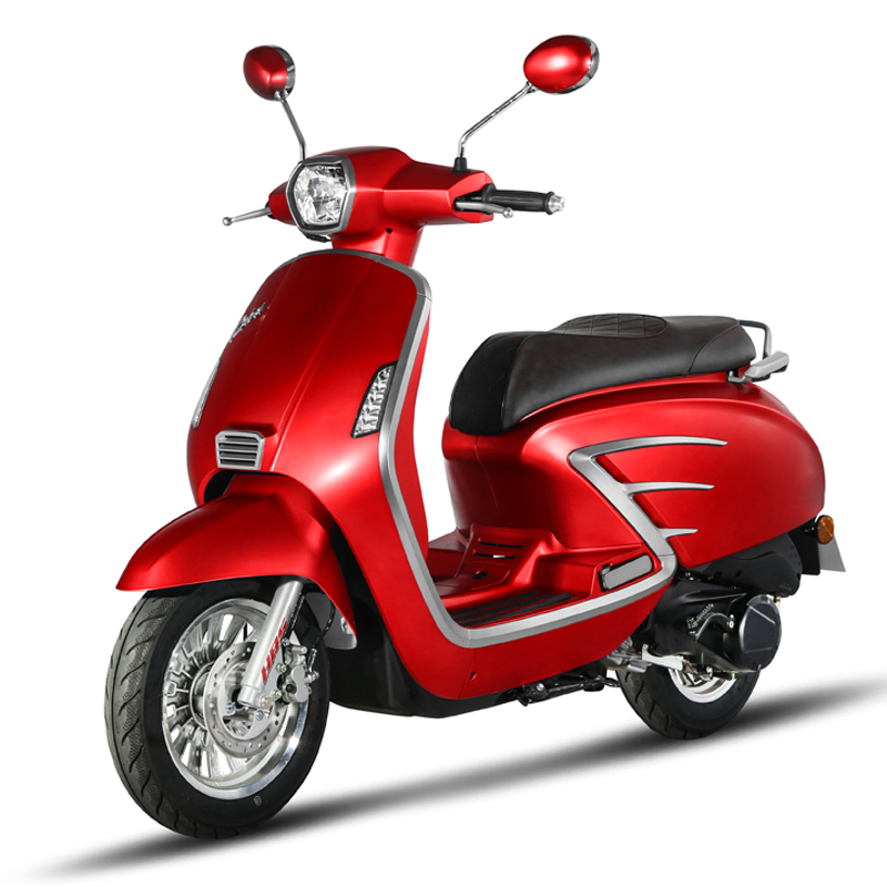 Retro red scooter with modern lighting and chrome details
