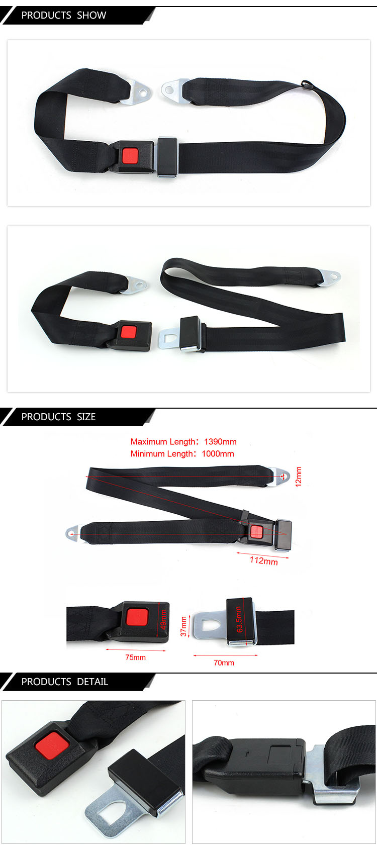 Technical diagram showing static seat belt dimensions including lengths and mounting points