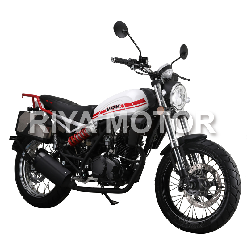 Side profile of the VOX motorcycle showing the fuel tank and suspension