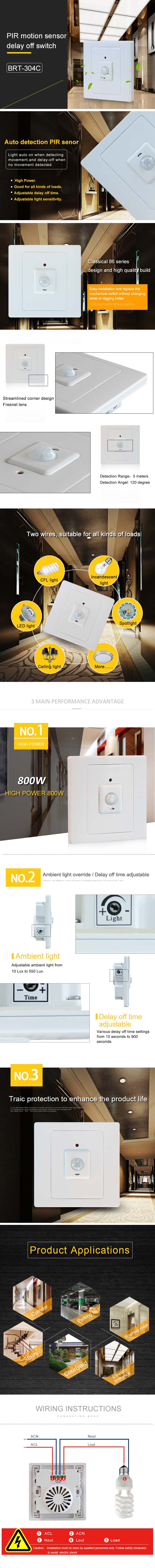 Technical diagram and feature highlights of the PIR motion sensor switch