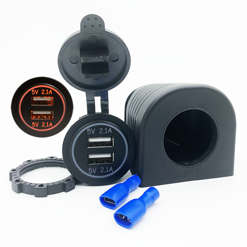 Rear view of USB charger with spade connectors