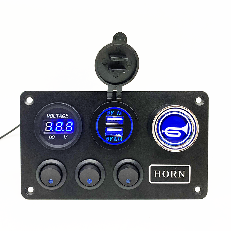 Front view of the 3-gang switch panel with voltmeter and USB ports