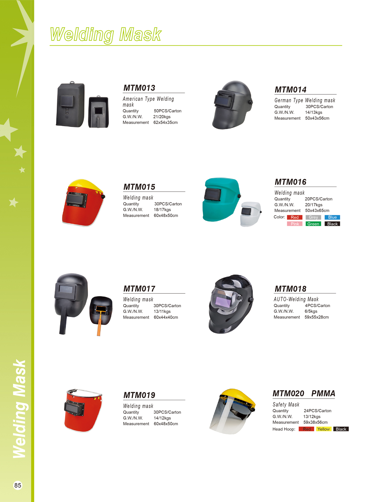 Various welding mask models including American and German styles