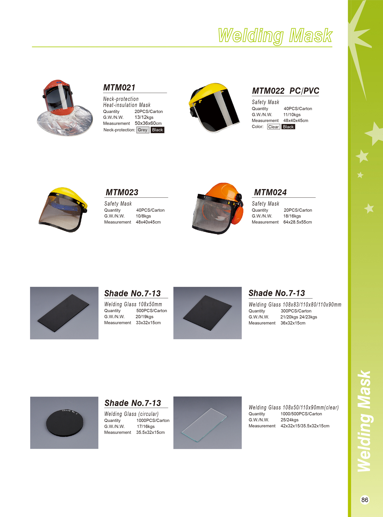 Welding masks with neck protection and replacement welding glass