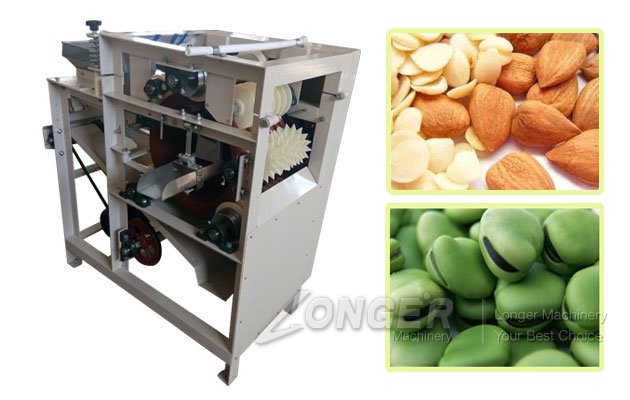 Side profile of the industrial wet almond and peanut peeling machine showing hopper and discharge chute