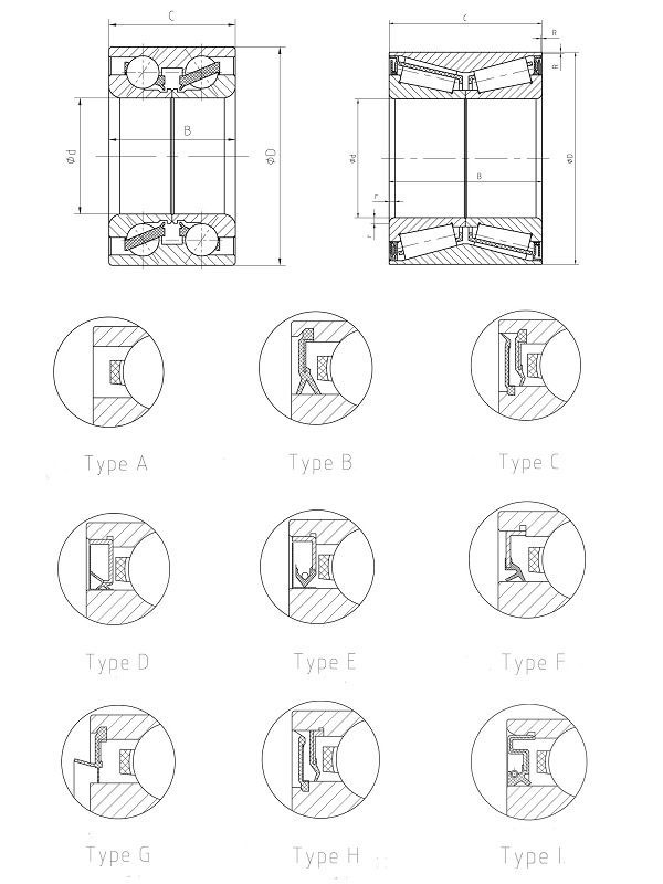 Technical cross-sectional drawing showing bearing sealing types and internal components.