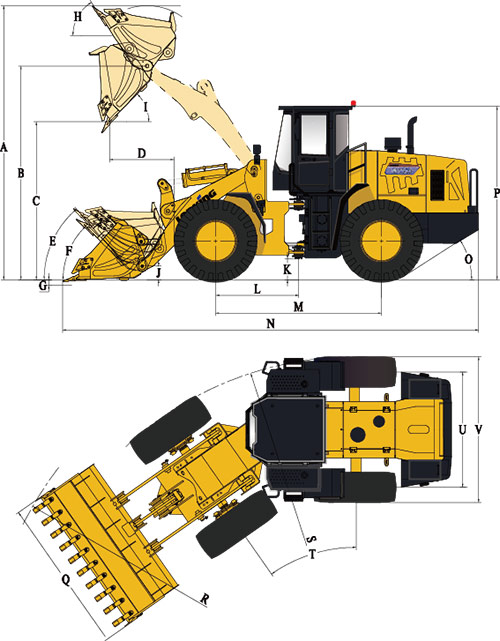 Technical dimension diagram of the wheel loader