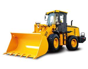 Wheel loader close-up detailing articulated frame and cabin