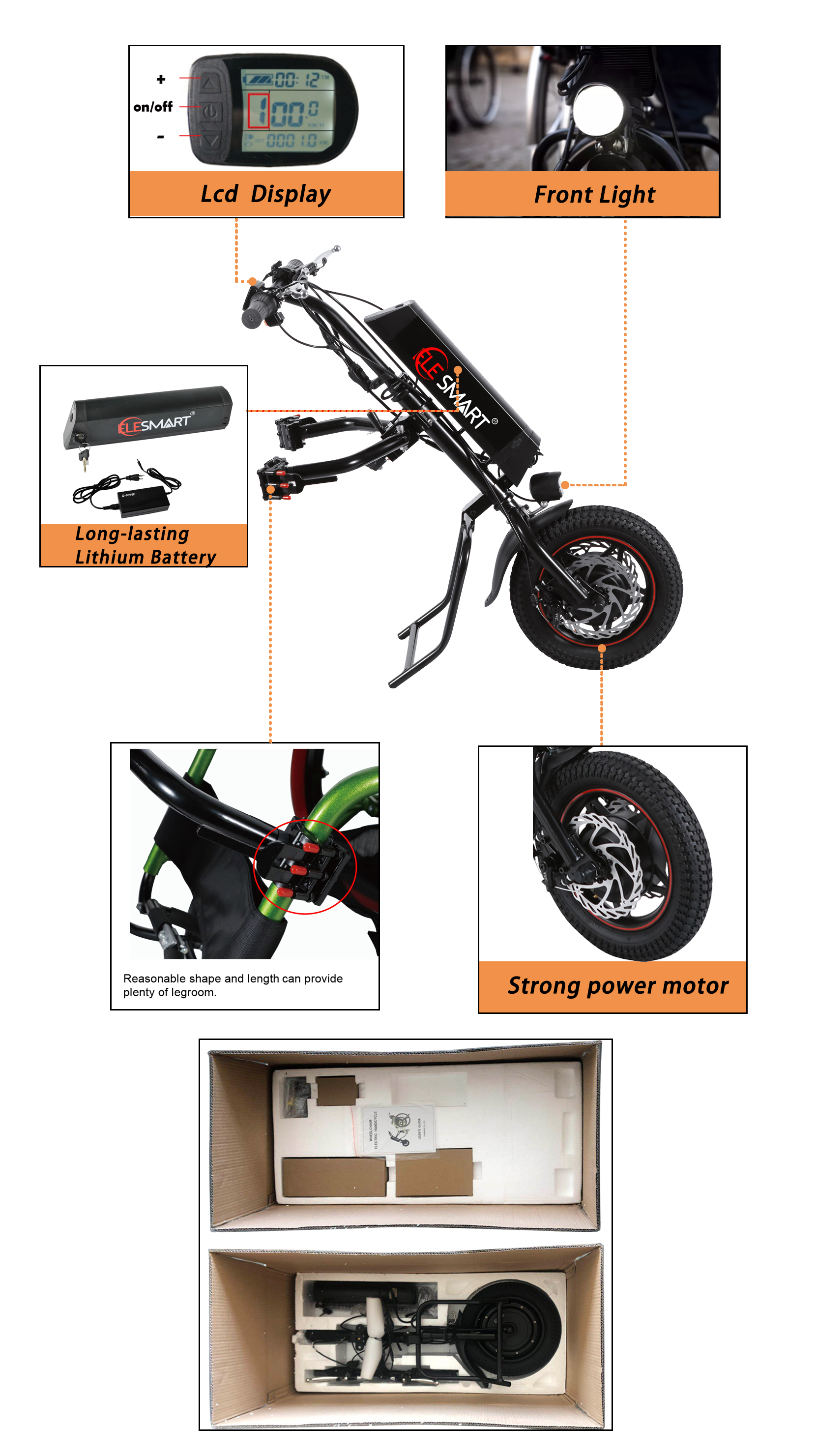 Full view of the electric hand bike attached to a wheelchair