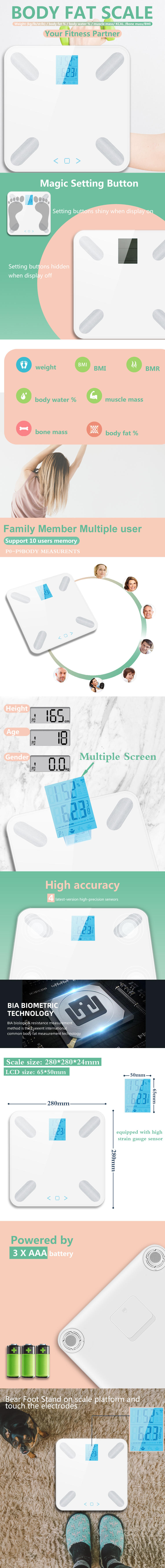 Digital body fat scale showcasing BIA technology and multi-user settings