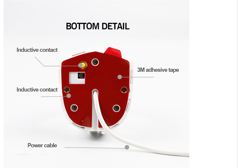 Bottom view showing mounting tape and power cable
