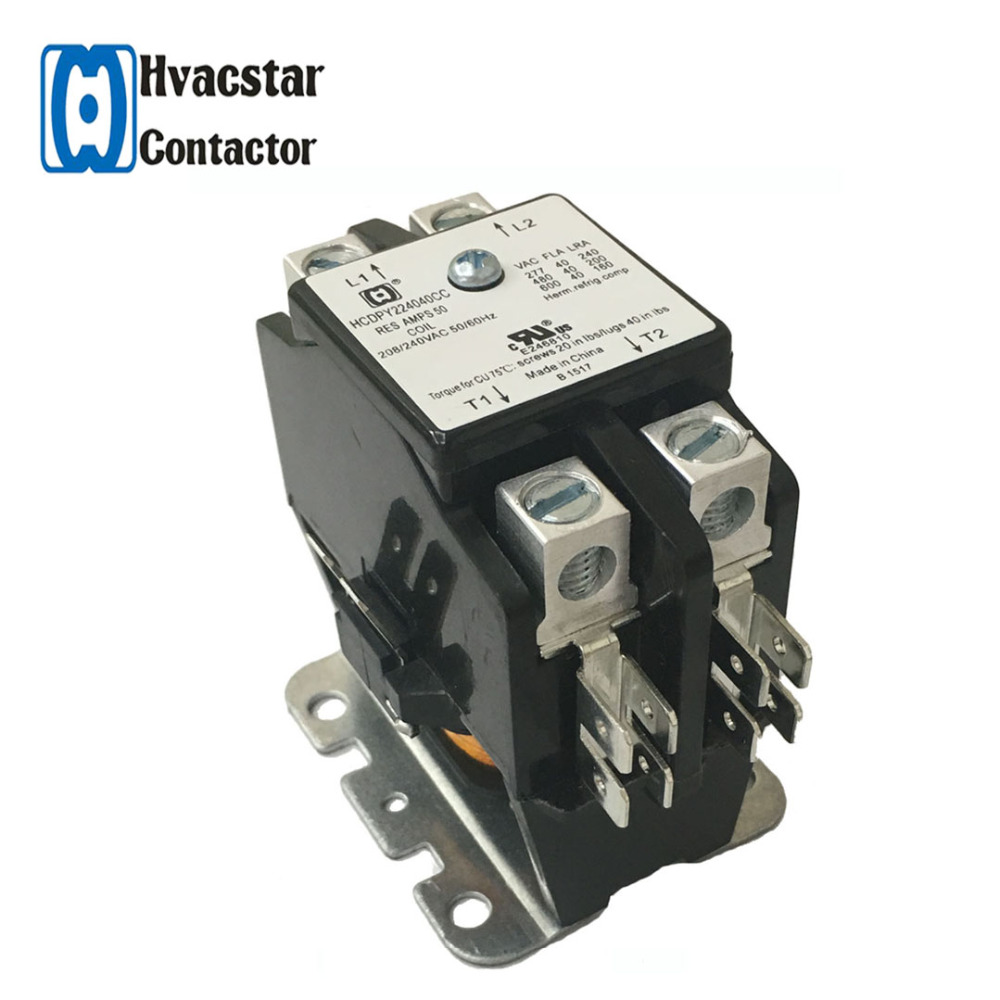 Close-up of the contactor label showing voltage and amperage ratings.