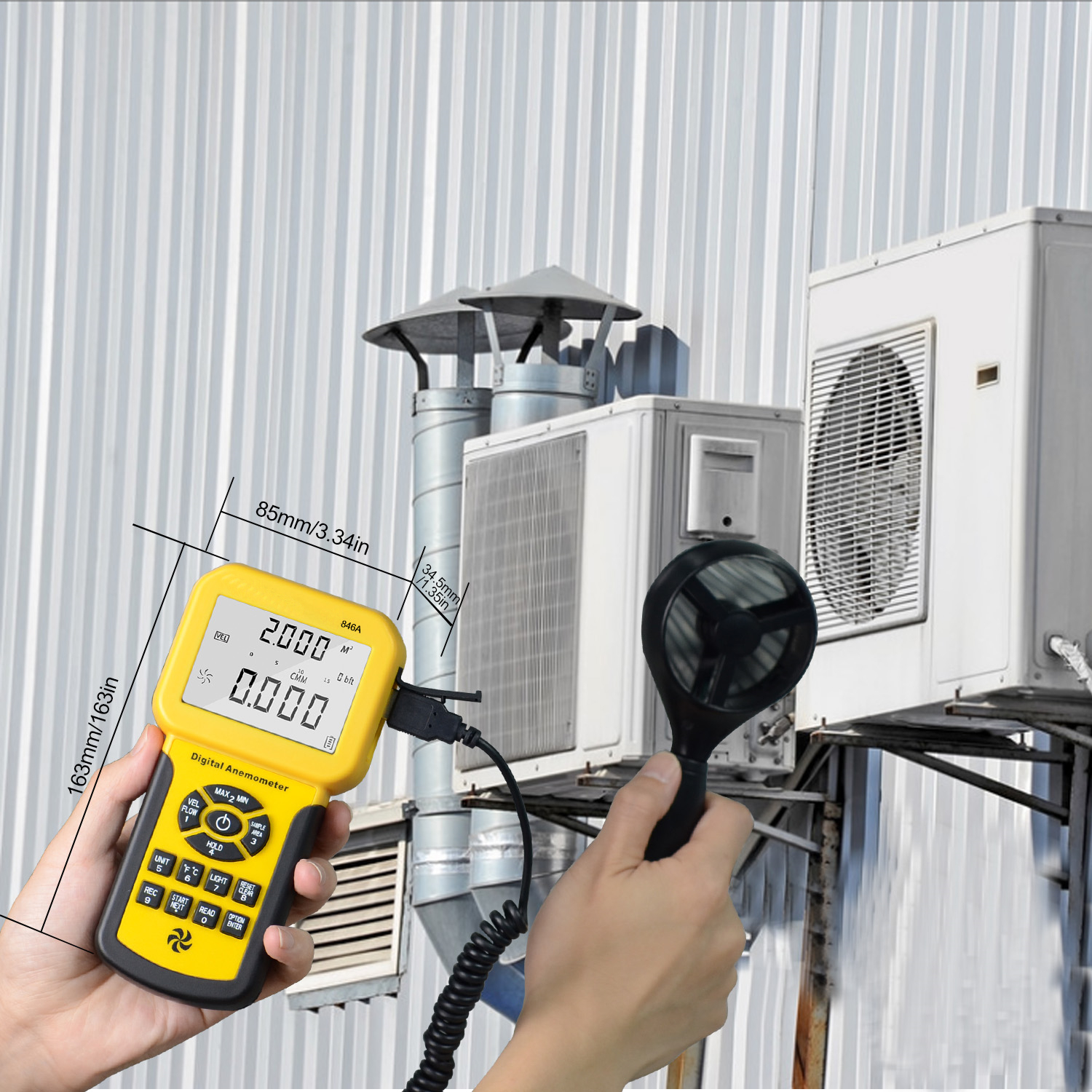 Physical dimensions diagram for the handheld anemometer
