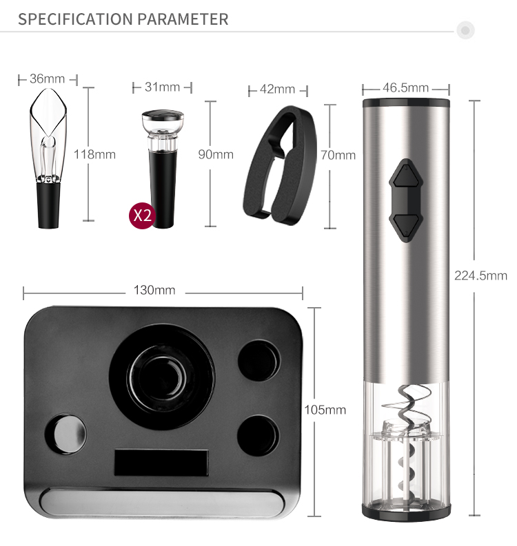 Diagram showing dimensions of the electric wine opener, foil cutter, pourer, stoppers, and base.
