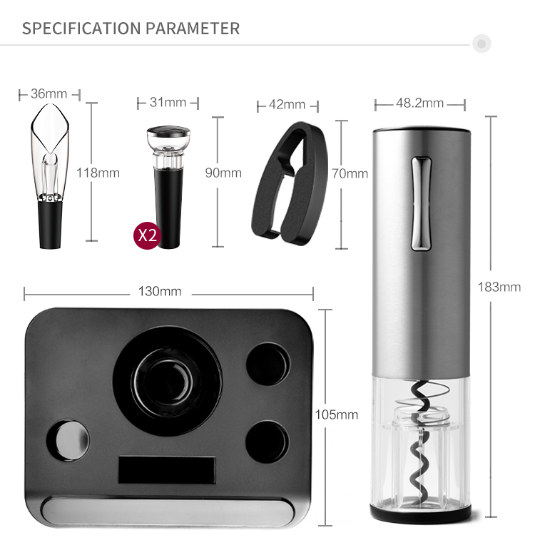 Diagram showing dimensions of the electric wine opener, foil cutter, aerator, and vacuum stoppers.