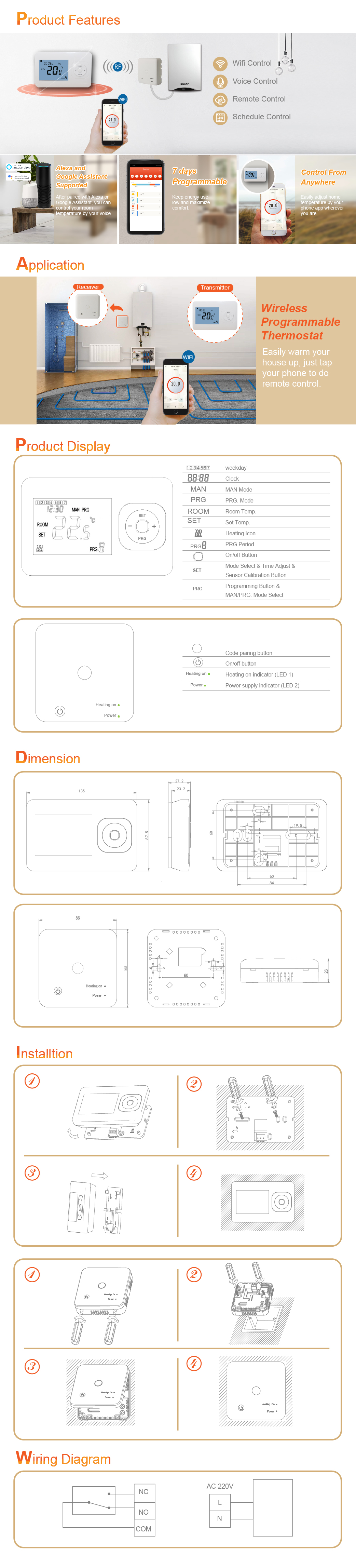 Wireless thermostat transmitter and receiver display with wiring and feature overview
