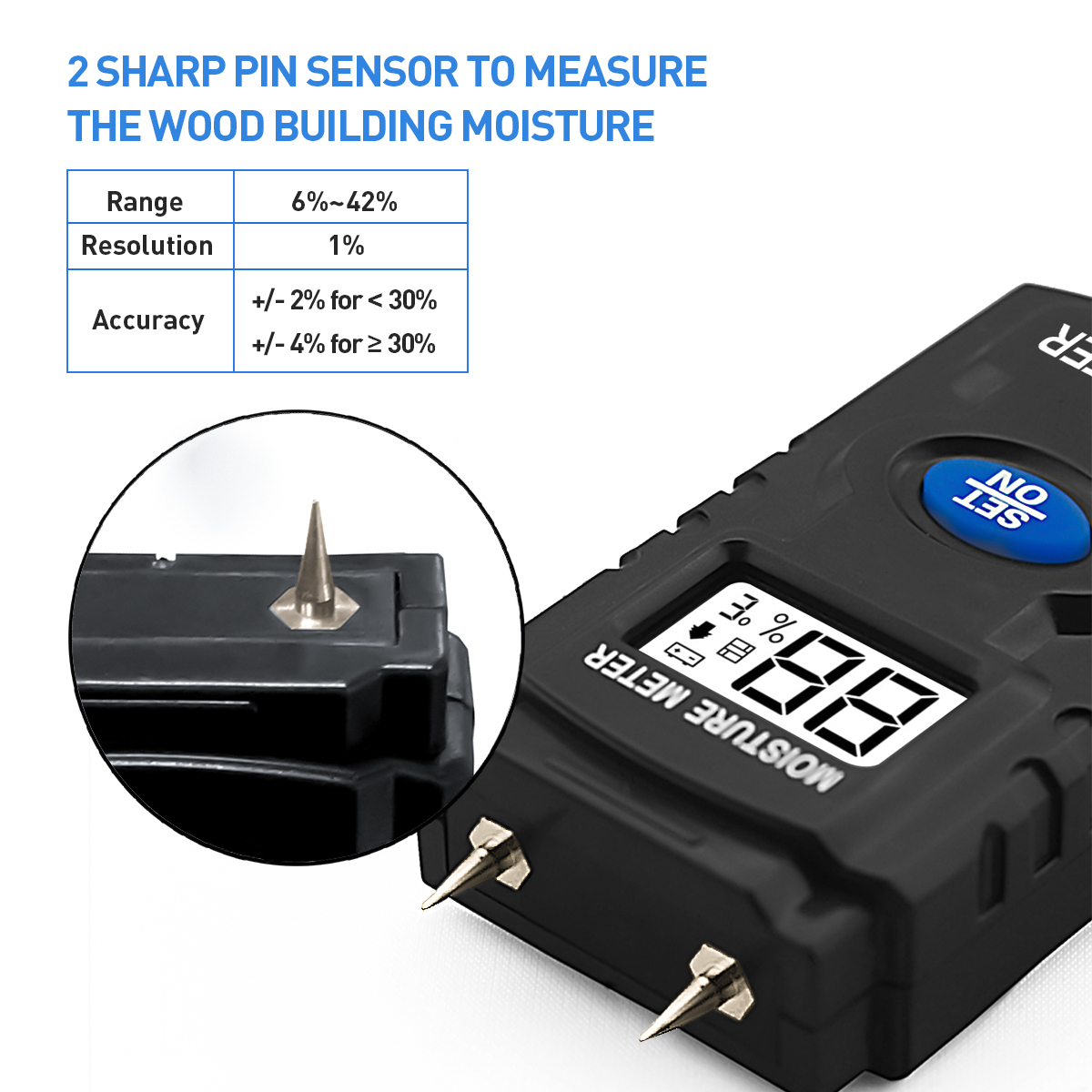 Close up of the pin sensors on the moisture meter