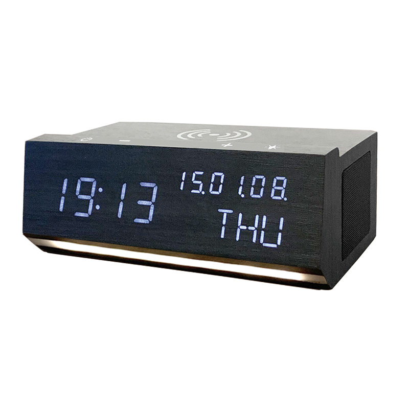 wooden alarm clock with wireless charger and bluetooth speaker - Image 3