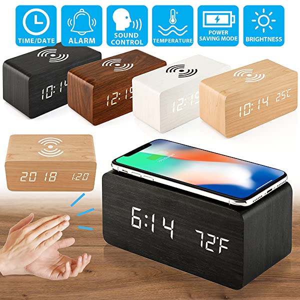 wooden Digital 3 Alarms Voice Control Desktop LED Clock Wireless Charger temperature - Image 3