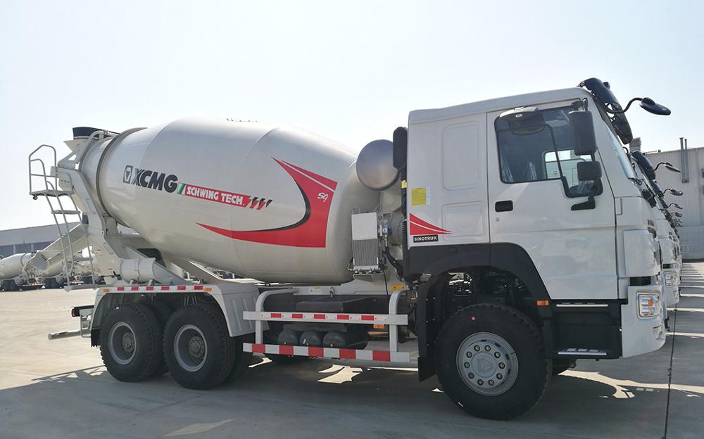 Side profile of concrete mixer drum and truck chassis