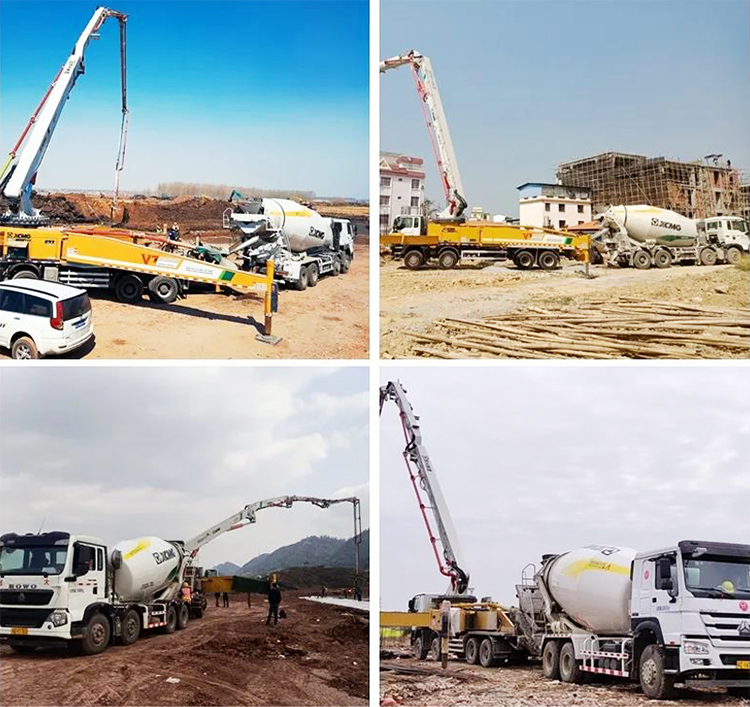 Rear view of concrete mixer discharge system