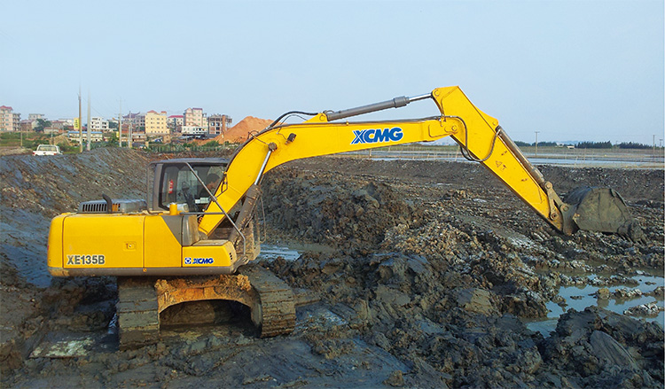 Crawler excavator in operation on a dirt terrain