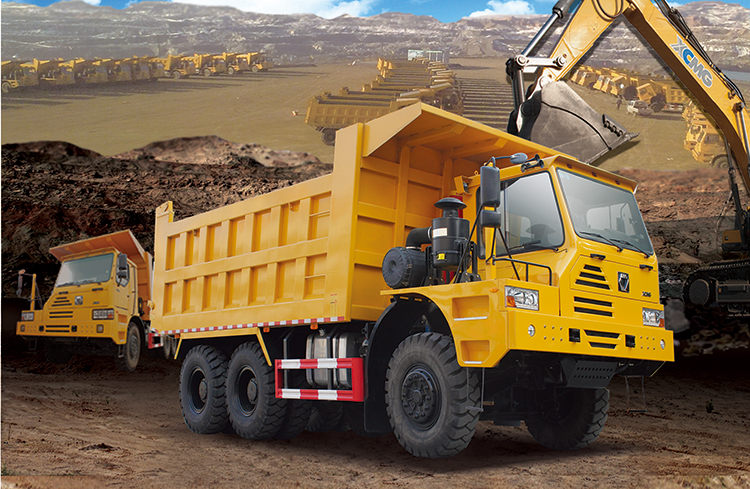 Three-quarter view of the mining dump truck