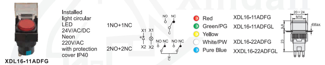 Miniature push button switch components and mounting dimensions
