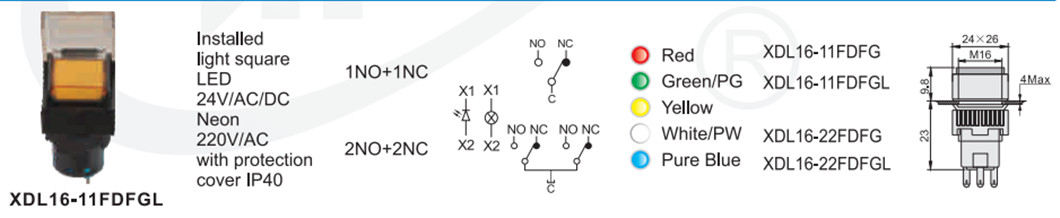 Technical diagram showing contact configurations and LED wiring