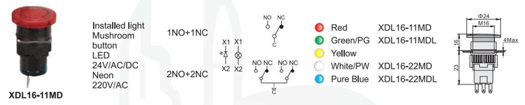 Technical diagram showing 16mm mushroom switch dimensions and configurations