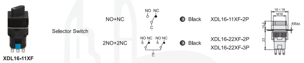 Technical diagram showing contact configurations and physical dimensions of the XDL16 series.