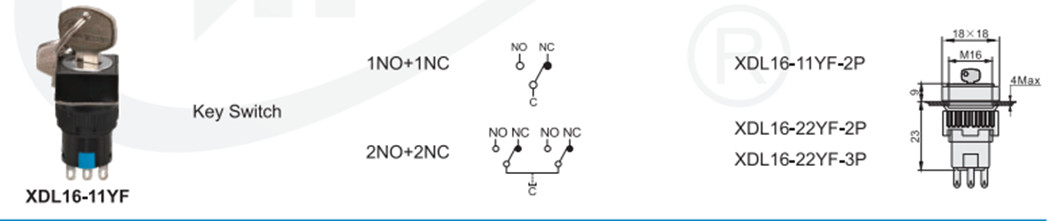 Diagram showing the key switch configuration and physical dimensions