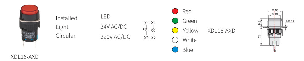 Technical diagram showing mounting thread and indicator light terminals.