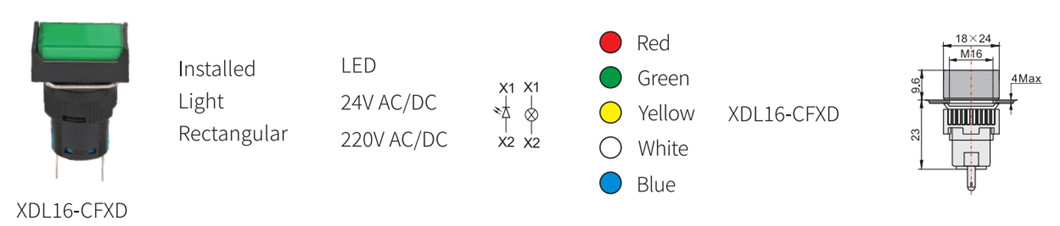 Technical diagram showing dimensions and voltage options