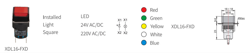 Technical diagram showing mounting dimensions and color options