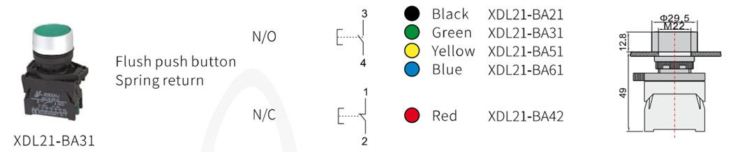 Detailed technical diagram and dimensions of the flush push button switch