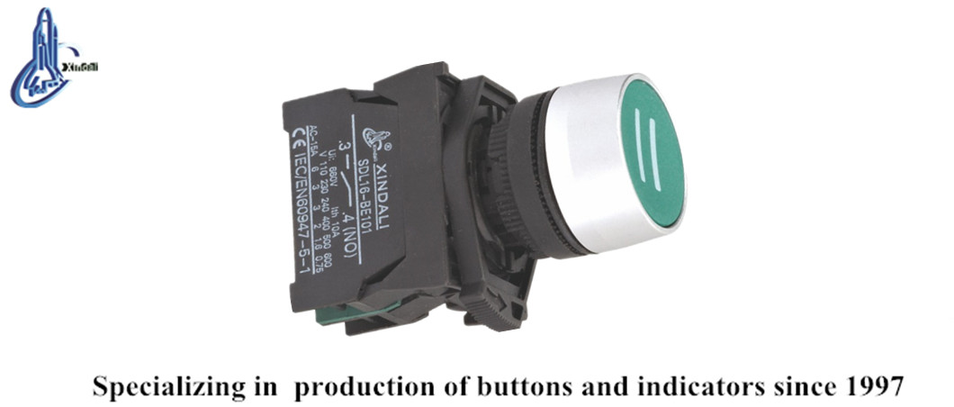 Green flush mounted push button switch with return symbols