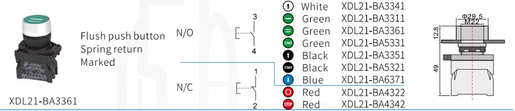Technical diagram showing dimensions and contact configuration for M22 switches