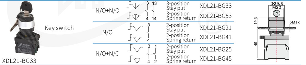 Technical mounting dimensions and configuration guide for 2-position key switch