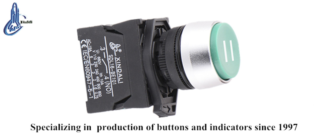 Technical diagram and electrical ratings of the push button