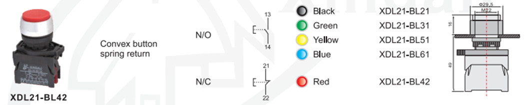 Technical diagram showing button dimensions and contact configurations