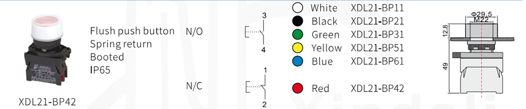 Technical diagram showing button dimensions and color variants