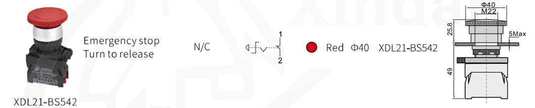 Technical diagram showing the dimensions and turn-to-release mechanism of the emergency stop switch.