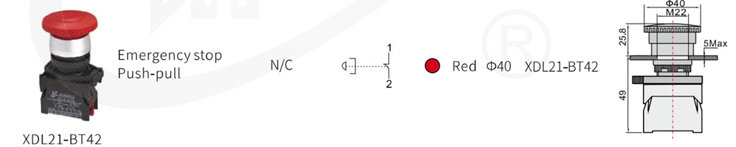 Dimension diagram of the mushroom head emergency stop switch