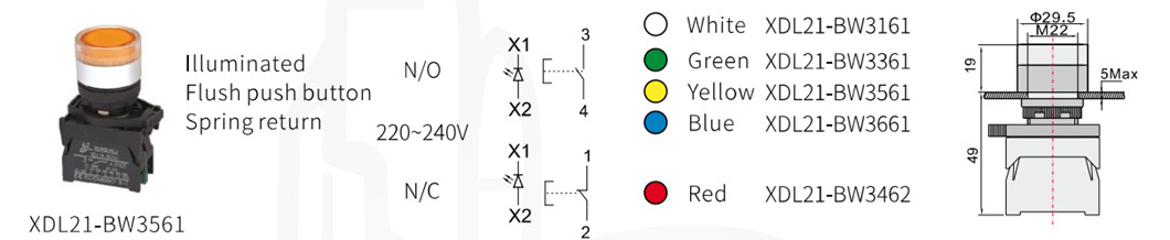 Technical diagram of push button dimensions and contact configurations